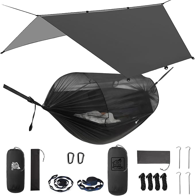 Miztli Camping Hammock -Portable Hammock w/Spacious Net & Tree Straps w/Adjustable Loops, Double and Single Hammock for Outdoor, Indoor, Hiking and Travel