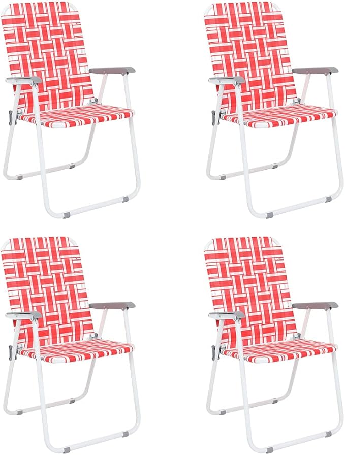VINGLI Patio Lawn Webbed Folding Chairs Set of 4, Outdoor Beach Chair Portable Dining Chair for ir for Outdoor Yard, Garden(Red, Classic)