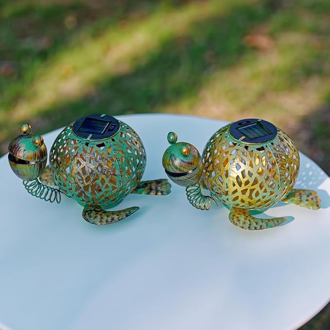 2 Pack Turtle Solar Lanterns Outdoor Waterproof, Metal Table Tortoise Solar Lantern with LED Light for Patio Pathway Garden Decor