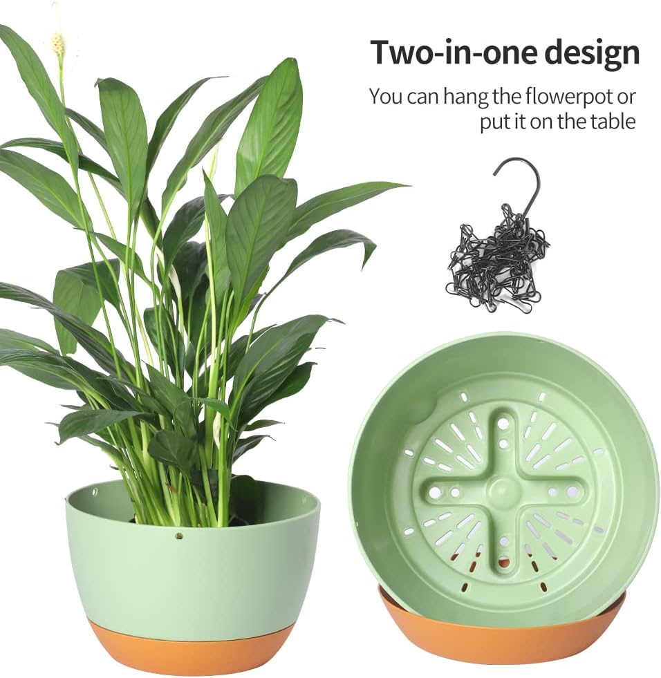 2 Pack Plastic Hanging Planters Set ,8.3 Inch Hanging Flower Plant Pot with Drainage Hole for Indoor Outdoor Plants, Round Hanging Basket with Removable Tray for Home Garden Porch Balcony Patio Decor