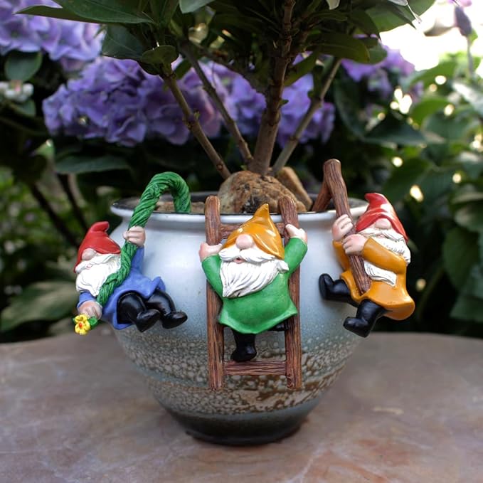 Set of 3 Garden Gnome Statues for Plant Pots Whimsical Climbing Dwarf Figurines Outdoor Garden, Patio, and Home Decor (A)