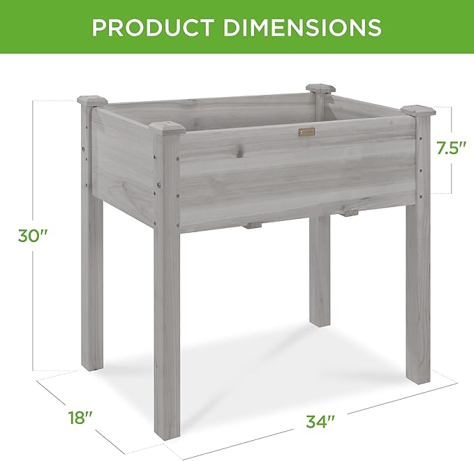 Best Choice Products 34x18x30in Raised Garden Bed, Elevated Wood Planter Box Stand for Kids, Backyard, Patio, Balcony w/Bed Liner, 150lb Capacity - Gray