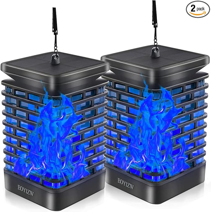 EOYIZW 99 LED Solar Lantern Flickering Flame Lights - 2 Pack Waterproof Garden Lights for Patio Yard Porch Lawn Decorations - Blue Solar Lanterns
