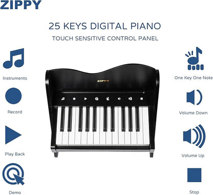 ZIPPY Kids Piano Keyboard, 25 Keys Digital Piano for Kids, Touch Sensitive Control Panel, Volume Adjustable, Mini Music Educational Instrument Toy, Wood Toy for Toddlers Girls Boys (Black)