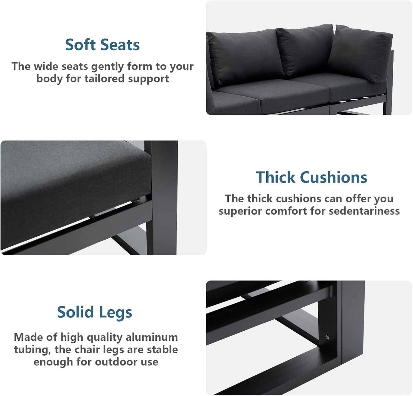 Modern 3 Seater Sofa Outdoor Sectional Sofa Set with Square Coffee Table Patio Conversation Sofa Sets for Garden Backyard, Dark Grey Cushions