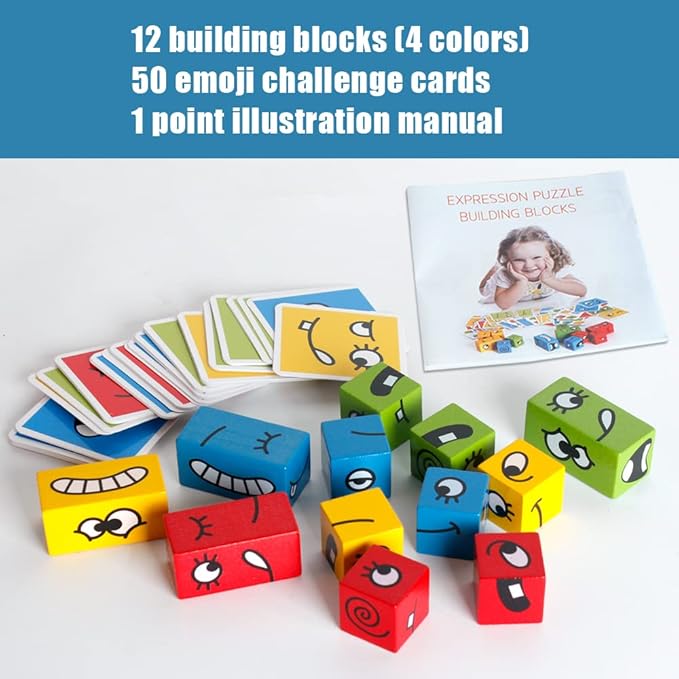 Wooden Expressions Matching Block Puzzles Building Cubes Toy Borad Games Educational Montessori Toys for Kids Ages 3 Years and Up