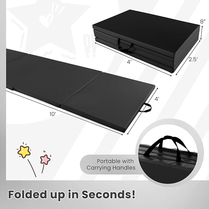 Giantex 4'x10'x 2" Gymnastics Mat, 4-Panel Folding Aerobics Exercise Mat w/Hook & Loop Fastener, Carrying Handle, Portable Tumbling Mat for Stretching Yoga Cheerleading Martial Arts