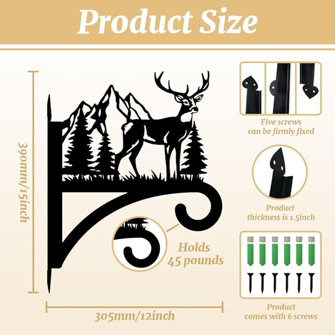 peacoblue Iron Plant Hanger Hook for Outdoor Indoor Hanging Plant Flower Fern Pots Lantern Bird Feeder,12"x15.4" Weather Resistant Metal Wall Holder for Porch Garden Farmhouse(Deer and Forest)