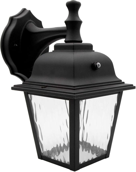 Maxxima LED Porch Lantern Outdoor Wall Light Fixture - Black, Clear Water Glass, Photocell Sensor, 875 Lumens, 3000K Warm White, Dusk to Dawn Light Sensor, Exterior Decorative Light