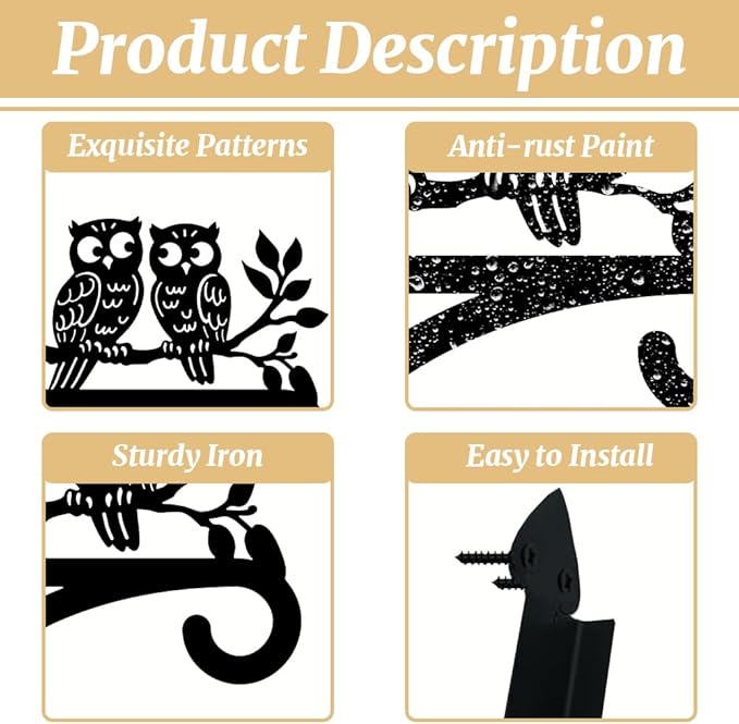 peacoblue Iron Plant Hangers Hooks for Outdoor Indoor Hanging Plants Flower Fern Pots Lantern Bird Feeder Wind Chimes, 12"x14" Owl Weather Resistant Metal Wall Holder for Porch Garden Farmhouse(Owl)