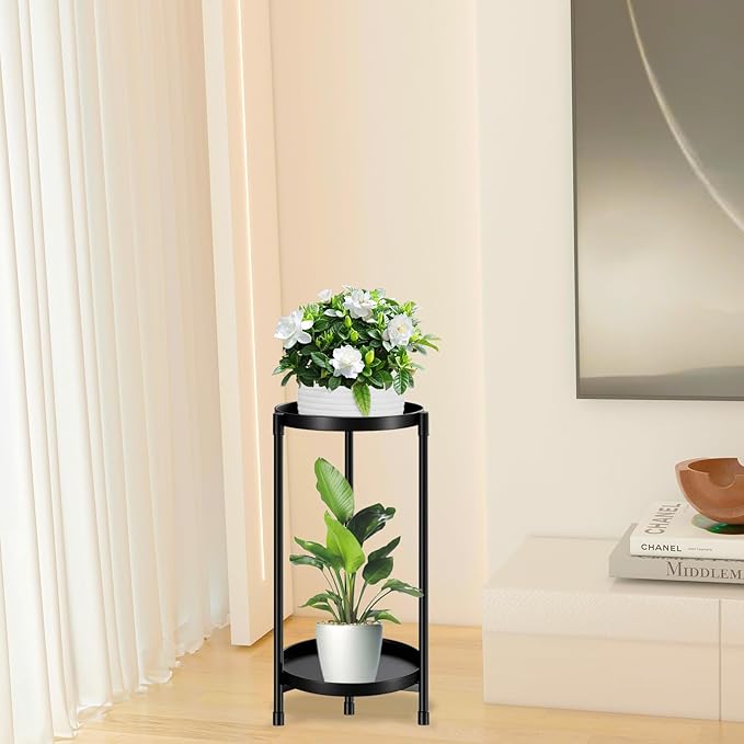 Metal Plant Stand Indoor Outdoor,2 Tier Black Tall Corner Flower Pot Holder Stands,Multiple Tiered Wrought Iron Planter Shelves for Patio Living Room Balcony Office (2 tierd)