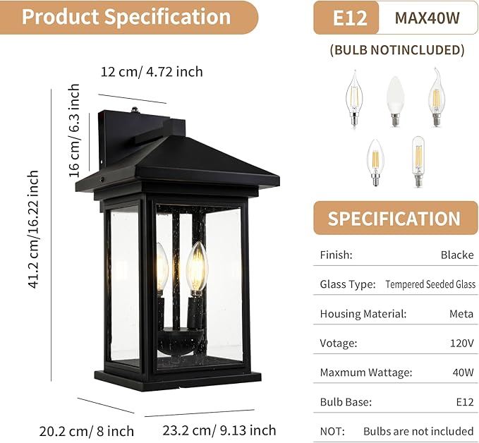 Dusk to Dawn Outdoor Wall Lantern, Exterior Wall Sconce Fixture with Tempered Clear Seeded Glass, Matte Black Finish for Outdoors (Large Wall Mount)