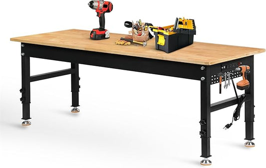 70" Adjustable Height Workbench, 2000 LBS Heavy Duty Work Table with Power Outlets & Pegboard, Rubber Wood Workstation for Garage, Workshop, Office, Home, Commercial