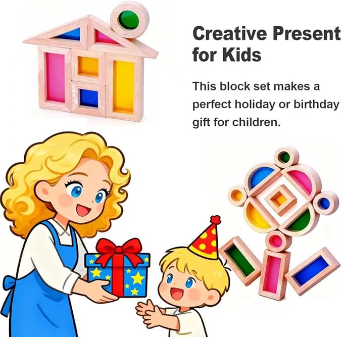 Wooden Rainbow Building Blocks for Kids 48 Pcs Wooden Blocks for Toddlers Rainbow Stacker Stacking Blocks Preschool Educational Toys -Geometry Blocks for Boys Girls