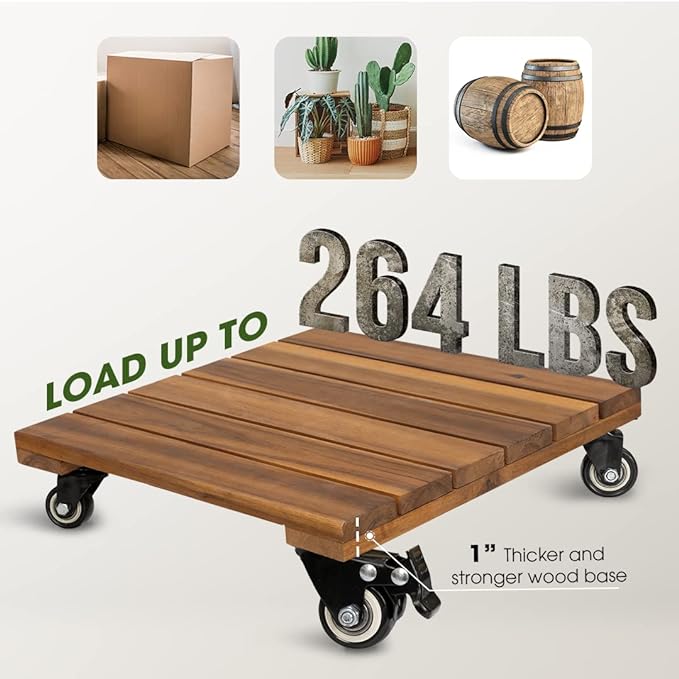 Idzo 2-Pack 14 Inch Wood Plant Caddy with Wheels Heavy Duty, 264 lbs Acacia Hardwood Plant Caster Dolly Rolling Stand with 360° Lockable Wheels for Heavy Plant Pots and Outdoor Use