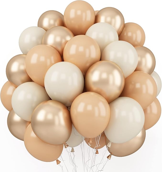 FEYG 50PCS Beige Balloons, 12 Inch, Cream, Nude, Sand, White, Metallic Gold, with Ribbons for Baby Shower, Birthday, Theme Party Decorations