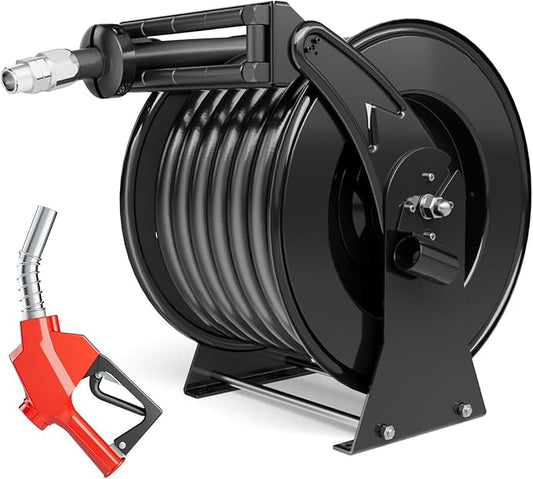 Retractable Fuel Hose Reel 1" x 50' with Fueling Nozzle, 300 PSI Heavy Duty Steel Construction Industrial Auto Swivel Spring Driven Diesel Hose Reel for Aircraft Ship Vehicle Tank Truck, Black