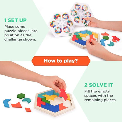Vanmor Wooden Geometric Tangram Puzzle Blocks - 3D Logic IQ Brain Teaser Jigsaw | Montessori STEM Educational Toy with 60 Challenges for All Ages
