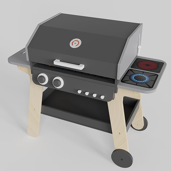 Kids BBQ Grill Playset Toy for Toddlers & Children Ages 3-8, Wooden Outdoor Indoor Pretend Play Cooking Toys with Toy Food and Grilling Tools, for Girls & Boys