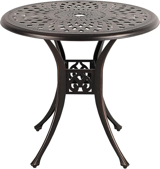 COBANA Patio Bistro Table, 31’’ Round Cast Aluminum Outdoor Dining Retro Side Table with 2’’ Umbrella Hole, Bronze