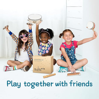 Stoie's Wooden Kids Musical Instruments for 3-9 Years Old, with Drum, Hand Bells, Flute, Maracas, Castanet, Tamburine, for Babies and Toddlers, Durable, Safe, Montessori Educational Toy, Storage Bag