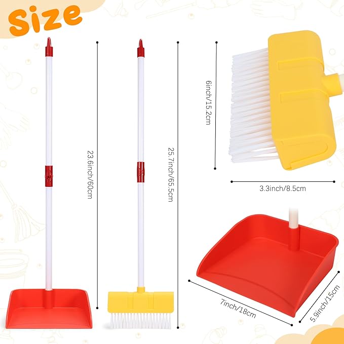 Kids Cleaning Toy Set Toddlers Broom Dust Pan Set for Housekeeping Pretend Play Cleaning Set, Cleaning Toys Gift for Toddlers Girls Boys Age 3-6 Years Old (2PCS - Red and Yellow Set)