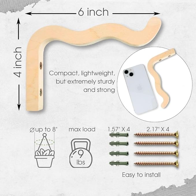 2-Piece Set of Wavy Wooden Wall Planters for Indoor Plants 6 Inch - Natural Plant Hook for Wall Plant, Wind Chimes, Flower Brackets, Patio Garden Decorations - Bracket Plant Hanger (Natural)