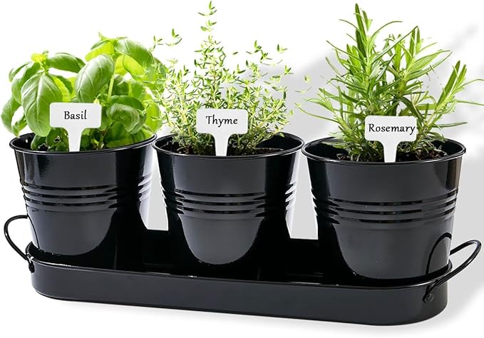 vensovo Indoor Herb Planter Set - Galvanized Windowsill Garden Pots with Tray & Drainage, Set of 3 Metal Window Planters for Kitchen & Outdoor Use, Black