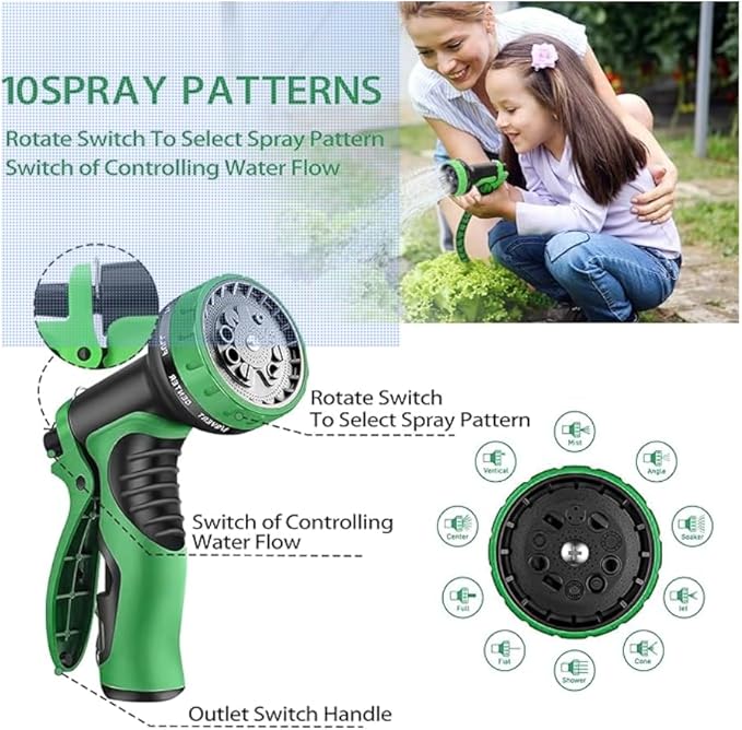 J&B XpandaHose 50ft Expandable Garden Hose with Holder - Heavy Duty Superior Strength 3750D - 4 -Layer Latex Core - Extra Strong Brass Connectors and 10 Spray Nozzle w/Storage Bag (Green 50)