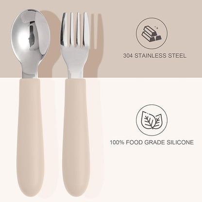 6 Pack Toddler Utensils, Kids Silverware Set with Silicone Handle, Children Safe Forks and Spoons, 18/8 Stainless Steel, Food Grade Silicone Feeding Supplies, Dishwasher Safe