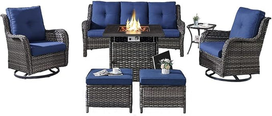 Outdoor Patio Furniture Set with Propane Fire Pit Table, 7 Pieces Wicker Patio Conversation Set with 2 Swivel Glider Rocker Chairs Rattan Sofa Blue Cushion Perfect for Casual Gathering Gray