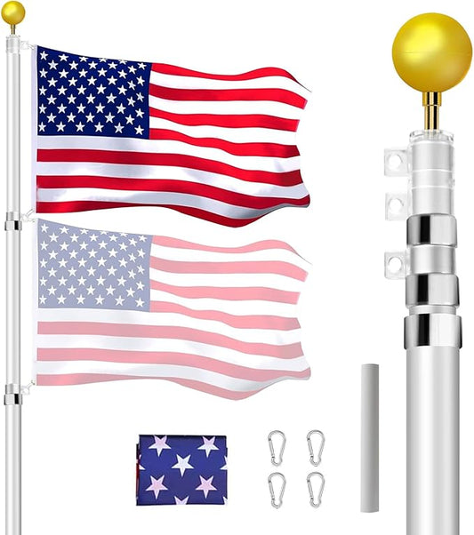 30FT Telescoping Flag Pole Kit, Heavy Duty 16 Gauge Aluminum Outdoor In Ground Flag Poles with Embroidered 3x5 USA Flag, for Residential or Commercial,Garden,Yard Flag Poles