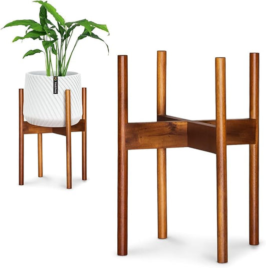 Fox & Fern Mid Century Plant Stand — 10 Inch Fixed Size Wooden Plant Stand for Indoor Planters; Raised Flower Pot Holder for Indoors; Plug In Design; Two Height Options; Easy to Assemble - Acacia