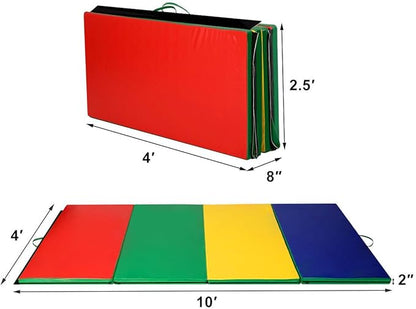 Giantex 4'x10'x 2" Gymnastics Mat, 4-Panel Folding Aerobics Exercise Mat w/Hook & Loop Fastener, Carrying Handle, Portable Tumbling Mat for Stretching Yoga Cheerleading Martial Arts