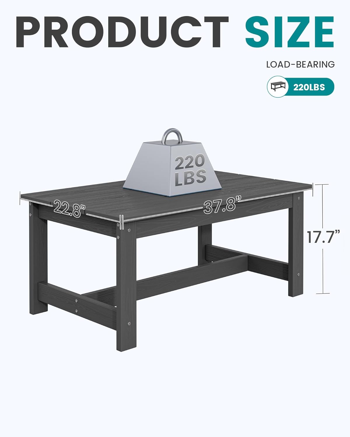 SERWALL HDPE Outdoor Coffee Table, All-Weather Patio Coffee Table, Rectangle Adirondack Outdoor Table Fits with Outdoor Sectional Couch for Outside Deck Porch Lawn, 37.8" x 22.8", Grey