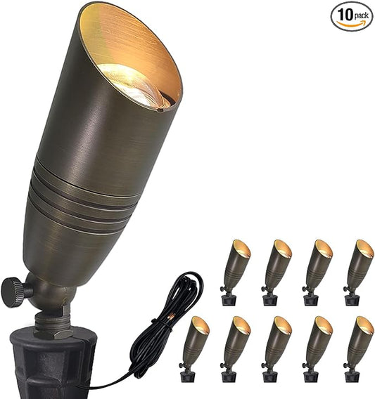 COLOER Die-cast Brass Landscape Spotlights Outdoor, 12V AC/DC Low Voltage Lighting, IP65 Waterproof Outdoor Directional Garden Patio Trees Spot Uplight (102B,10-Pack Without Bulb)