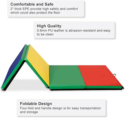 Giantex 4'x10'x 2" Gymnastics Mat, 4-Panel Folding Aerobics Exercise Mat w/Hook & Loop Fastener, Carrying Handle, Portable Tumbling Mat for Stretching Yoga Cheerleading Martial Arts