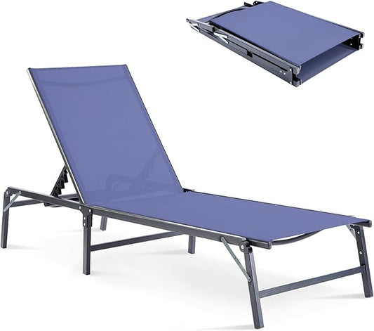Outdoor Chaise Lounge Chair, Foldable & Assemble-Free, 6 Adjustable Positions, Durable Rust-Resistant Frame, Portable Outdoor Pool Lounge Chairs for Pool Patio Beach, Blue