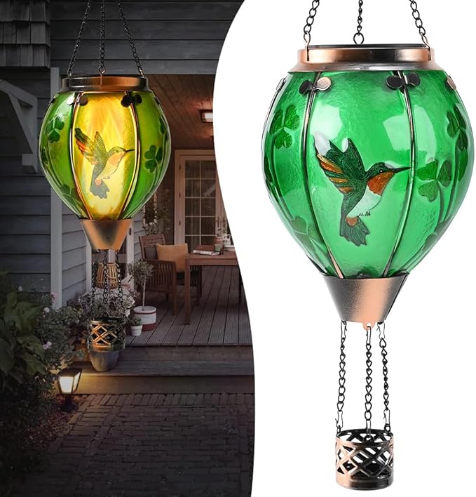St Patricks Hot Air Balloon Solar Lantern - Simulated Flickering Flame Patrick's Shamrock Glass Lantern, Outdoor Hummingbird Hanging Yard Light for St Patty's Day Patio Porch Decor Clover Gfit