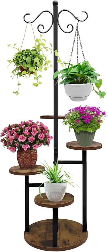 Plant Stand Indoor Outdoor, 4 Tier Hanging Plant Stands, Multiple Plant Display Rack Flower Pot Stand,61'' Tall Metal Plant Holder for Living Room Balcony Garden Patio Black
