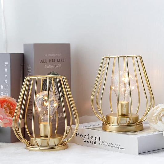 TRIROCKS Set of 2 Metal Battery Operated Lamp 7'' Tall Cage Shape Cordless Table Lamp Battery Lanterns with Warm Fairy Lights Bulb for Patio Garden Wedding Parties Indoor Outdoor(Gold)