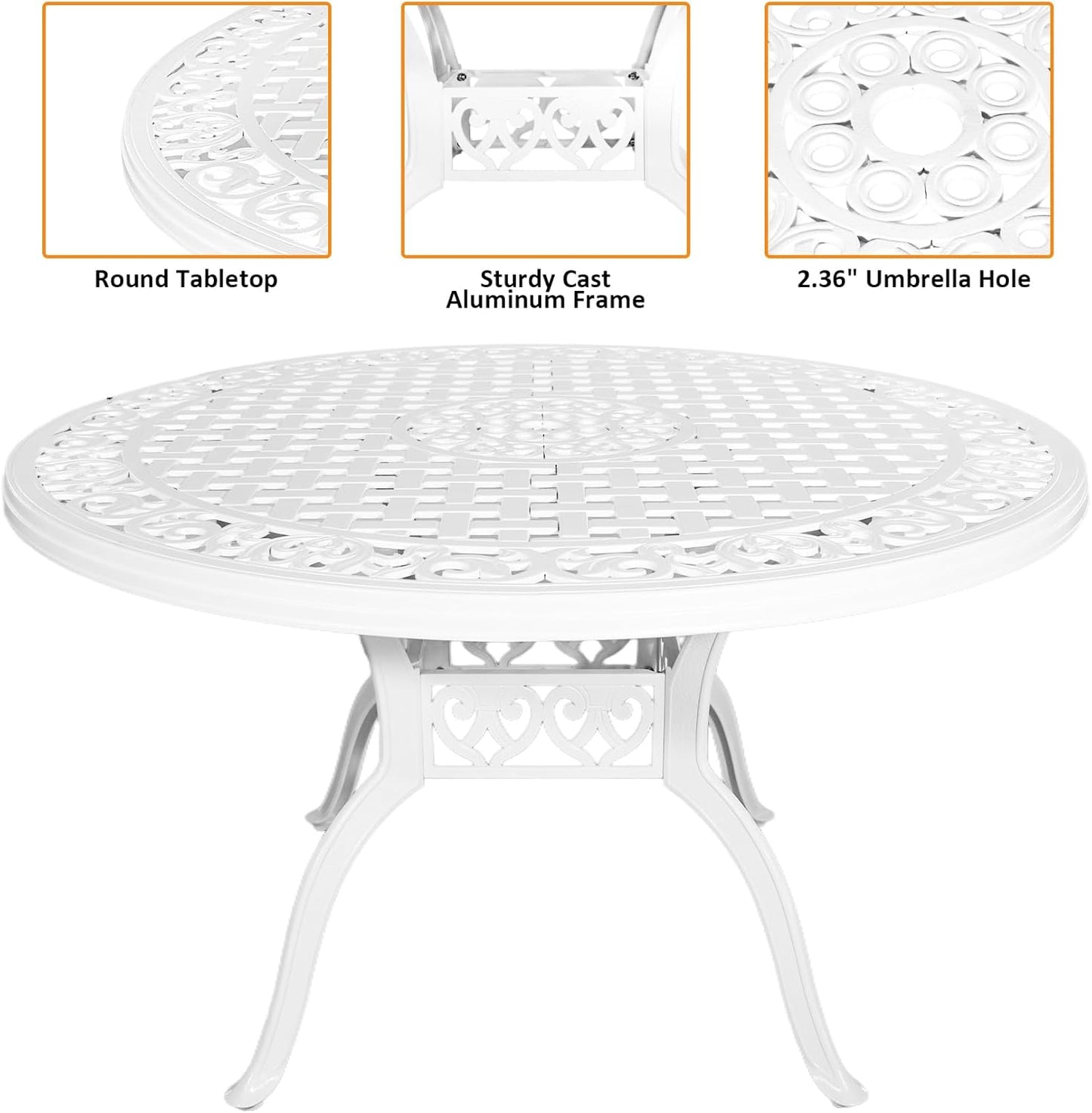 5 Piece Patio Dining Set Outdoor Patio Round Table and Chairs Set of 4 with Umbrella Hole,Cast Aluminum White Outdoor Bistro Dining Set, Patio Furniture Set for Garden,White