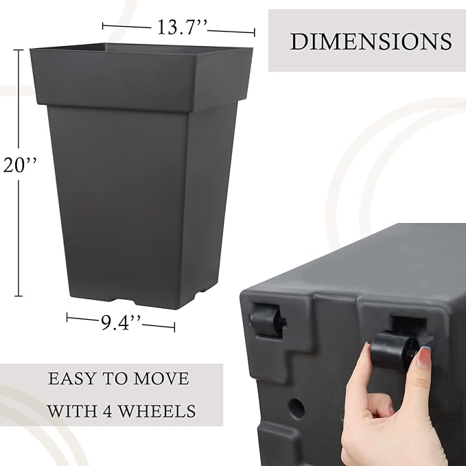 kubvici Tall Planters for Outdoor Plants, 20 Inch Movable Drainage Large Indoor Planters, Set of 2 Plastic Planters for Front Porch Door Garden Balcony Deck, Dark Gray 20"