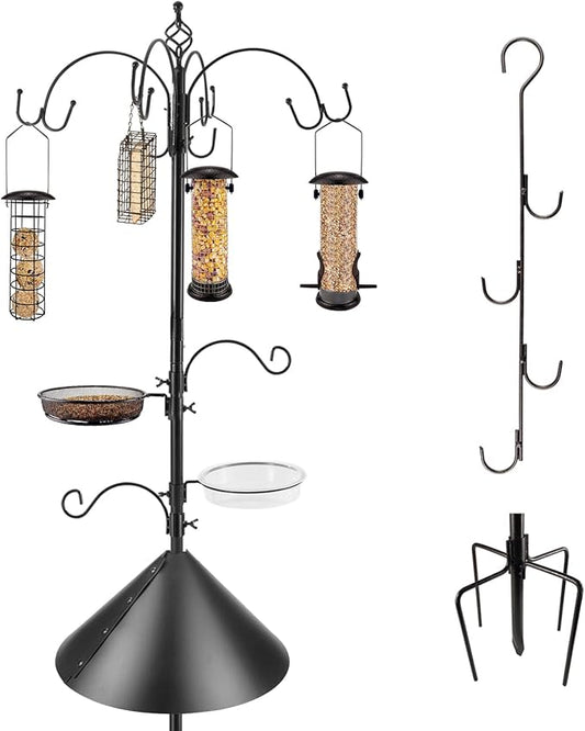 Bird Feeding Station Kit Bird Feeder Pole Wild Bird Feeder Kit with Squirrel Baffle and Suet Cage Mesh Tray Fruit Hook Double W Hook for Attracting Wild Birds