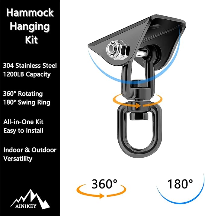 Heavy Duty Hammock Hanging Kit, 360° Rotating 1200 lb Swing Hangers for Hammock Chair Stand, Seat, Porch Swing, Yoga, Tree, Ceiling Mount, Indoor Outdoor Hanging Hardware Black | Pack of 3