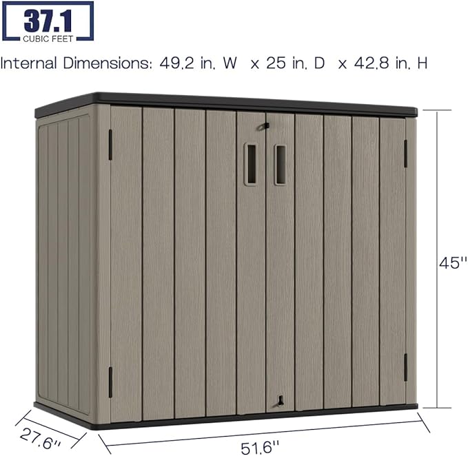 KINYING Outdoor Horizontal Storage Sheds,Outdoor Storage Cabinet Waterproof Resin Tool Storage Box for Lawn Mower,Garden Tools and Patio Furniture, Lockable (Brown)