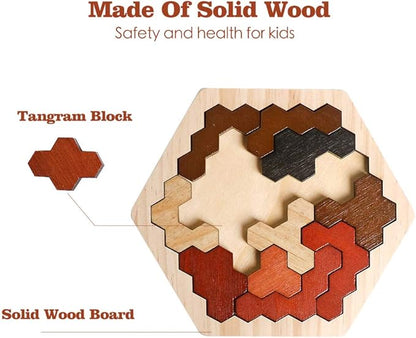 Skrtuan Wooden Hexagon Puzzle for Kids & Adults, Montessori STEM Educational Toy with Colorful Shapes, Logic IQ Brain Teaser Game for Kids, Geometry Tangram Gift