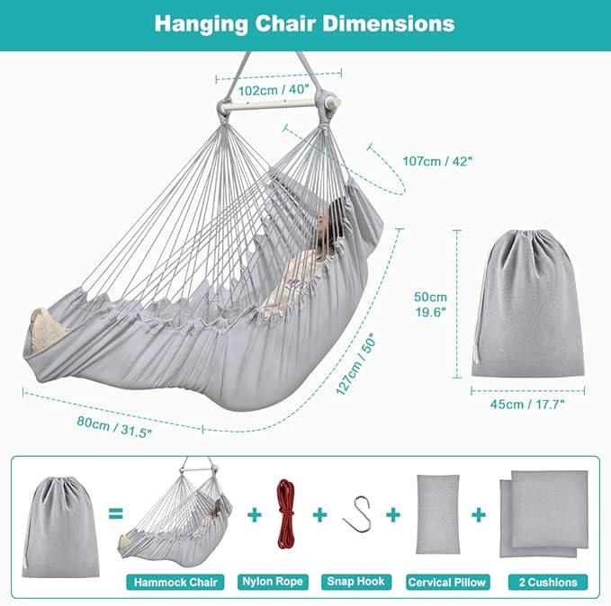 Outerman Hammock Chair, Hanging Chair with 3 Cushions and Foot Rest Support, Sturdy Metal Spreader Bar Max 440 Lbs, Swing Chair for Bedroom, Indoor & Outdoor, Patio, Porch or Tree（Gray）