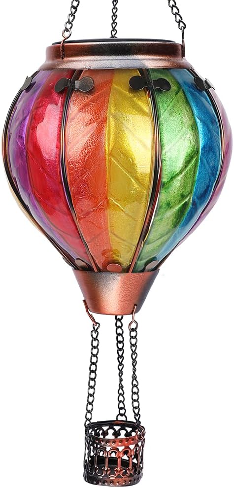 Hot Air Balloon Solar Lantern with Flickering Flame Hanging Solar Lanterns Outdoor Lights Waterproof Lanterns Decorative Garden Patio Yard Party Decor Wavy-Colorful + Blue