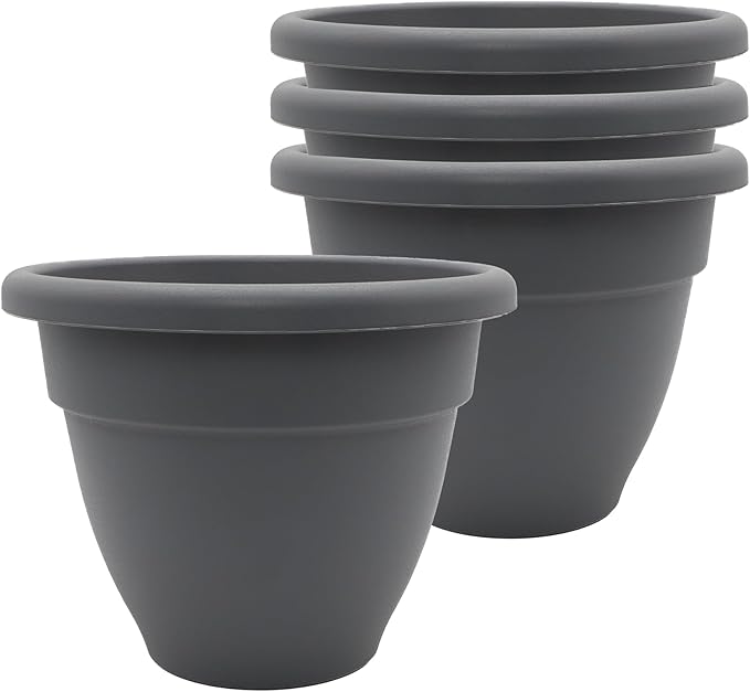 The HC Companies Caribbean Planter Pot - Outdoor & Indoor Plant Pot with Drainage Hole & Plug - Rolled Rim Plastic Pots for Plants & Flowers - Decorative Plant Pot (6" Warm Gray, Pack of 4)